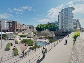 Die Grafik zeigt eine mögliche Variante zur Neugestaltung des Alten Hafens in Düsseldorf. © Visualisierung: Küss den Frosch