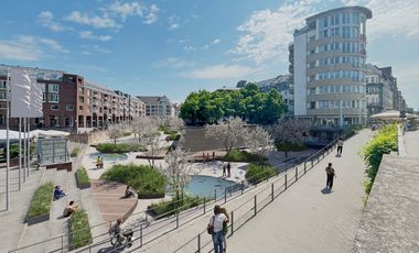Die Grafik zeigt eine mögliche Variante zur Neugestaltung des Alten Hafens in Düsseldorf. © Visualisierung: Küss den Frosch