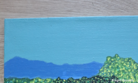 Gemälde von Ingrid Reusrath: Blick in die Ferne. Mit Öl oder Acrylfarben gemalt. Man sieht eine blaue Fläche und Büsche und Bäume