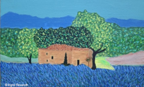 Gemälde von Ingrid Reusrath: Blick in die Ferne. Mit Öl oder Acrylfarben gemalt. Man sieht eine blaue Fläche und Büsche und Bäume