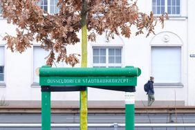 Bäume des Stadtbaumkonzepts kennzeichnet die Stadt mit dunkelgrünen Stützpfählen sogenannten Dreiböcken und dem weißen Schriftzug "Düsseldorfer Stadtbaumkonzept", Foto: Gstettenbauer