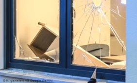 Mit KI erstelltes Bild, das ein eingeschlagenes Fenster zeigt.