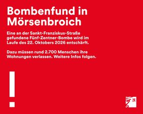 Eine bei Sondierungsarbeiten in Düsseldorf-Mörsenbroich gefundene amerikanische Fünf-Zentner-Fliegerbombe aus dem Zweiten Weltkrieg werden am Donnerstag, 22. Oktober 2026, im Laufe des Tages entschärft.