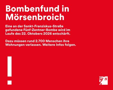 Eine bei Sondierungsarbeiten in Düsseldorf-Mörsenbroich gefundene amerikanische Fünf-Zentner-Fliegerbombe aus dem Zweiten Weltkrieg werden am Donnerstag, 22. Oktober 2026, im Laufe des Tages entschärft.