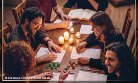 Ein KI erstelltes Bild, das vier Pen & Paper Spielende zeigt.