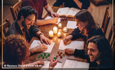 Ein KI erstelltes Bild, das vier Pen & Paper Spielende zeigt.