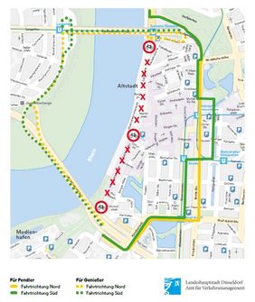 Übersichtskarte die die Umleitung des Radverkehs anzeigt.
