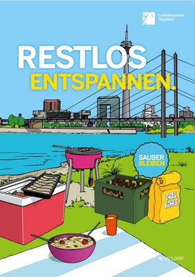 Vorderseite der Infopostkarte, die Promotionteams im Rheinpark und am Rheinufer verteilen, um die Menschen zu sensibilisieren, ihren Müll in die dort aufgestellten Müllbehälter zu entsorgen.