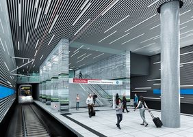 Visualisierung des zukünftigen U-Bahnhofes Flughafen von innen.