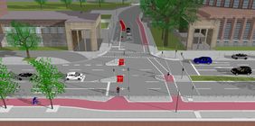 Über die neuen Querungen am Knotenpunkt Oederallee können Radfahrende zukünftig direkt und bequem in Richtung Oberkassel und Heinrich-Heine-Allee weiter radeln. Grafik: Amt für Verkehrsmanagement