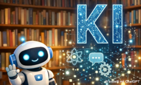 Mit KI erstelltes Bild mit technischen Motiven und einem humanoiden Roboter in einer Bibliothek