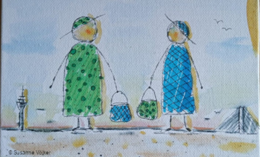 Aquarellzeichnung der Künstlerin Susanne Völker mit zwei Figuren, die Taschen tragen