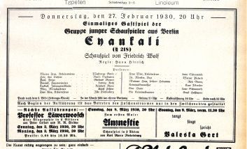 Theaterzettel "Cynkali" von Friedrich Wolf.